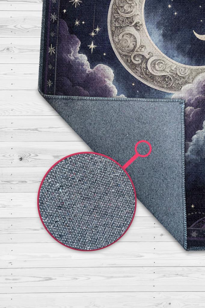 Ay ve Bulut Temalı Halı Siyah Renk Oturma Odası Halısı Ay Yıldız Figürlü Dijital Baskı Halı