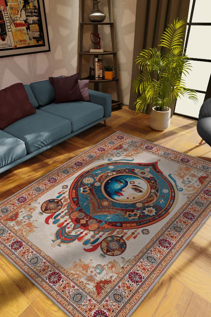 Ay Yüz Etnik Çok Renkli Salon Halısı Hippie Ev Dekoru İndie Oda Dekoru Oturma Odası Halısı