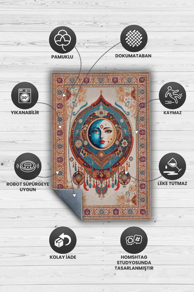 Ay Yüz Etnik Çok Renkli Salon Halısı Hippie Ev Dekoru İndie Oda Dekoru Oturma Odası Halısı