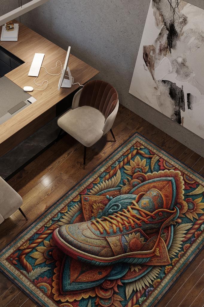 Ayakkabı Desenli Halı Çok Renkli Halı Spor Severe Hediye Halı Spor Sever İçin Çiçekli Halı