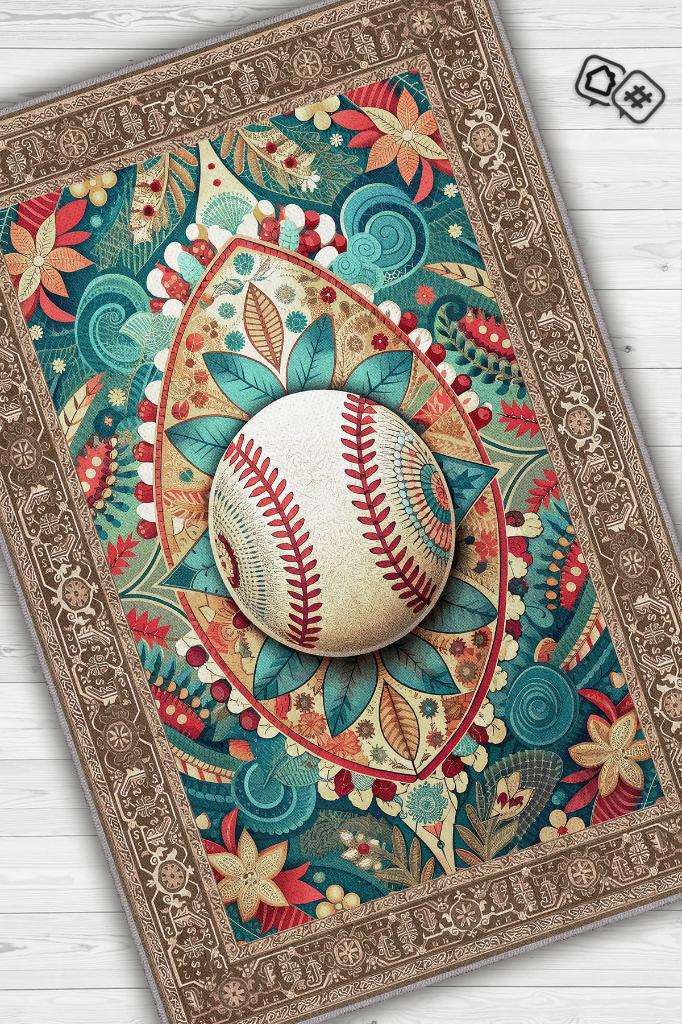 Basebol Desenli Halı Çok Renkli Halı Spor Severe Hediye Halı Spor Sever İçin Çiçekli Halı
