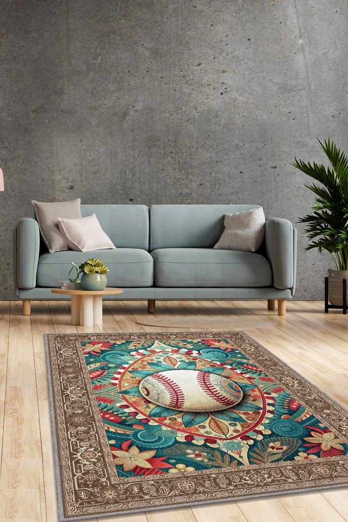 Basebol Desenli Halı Çok Renkli Halı Spor Severe Hediye Halı Spor Sever İçin Çiçekli Halı