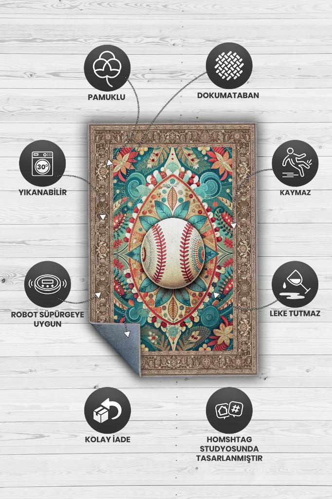 Basebol Desenli Halı Çok Renkli Halı Spor Severe Hediye Halı Spor Sever İçin Çiçekli Halı