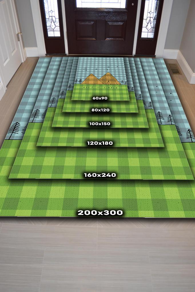 Basit Yaşa, Karavan Halısı, Minimalist Seyahat Temalı Halı, Çadır Halısı, Kampçı Halısı, Seyahat Temalı Halı, Pamuklu Dokuma Tabanlı Yıkanabilir Dekoratif Halı