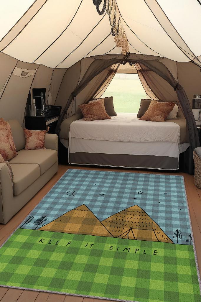 Basit Yaşa, Karavan Halısı, Minimalist Seyahat Temalı Halı, Çadır Halısı, Kampçı Halısı, Seyahat Temalı Halı, Pamuklu Dokuma Tabanlı Yıkanabilir Dekoratif Halı