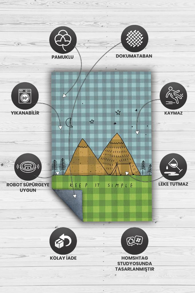 Basit Yaşa, Karavan Halısı, Minimalist Seyahat Temalı Halı, Çadır Halısı, Kampçı Halısı, Seyahat Temalı Halı, Pamuklu Dokuma Tabanlı Yıkanabilir Dekoratif Halı