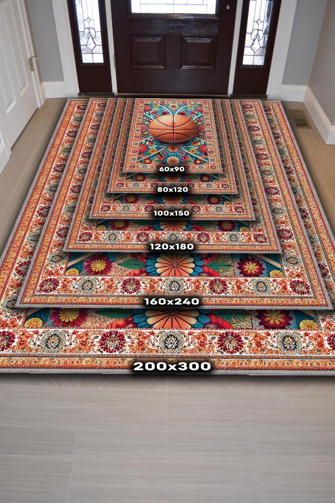 Basketbol Topu Desenli Halı Çok Renkli Halı Spor Severe Hediye Halı Spor Sever İçin Çiçekli Halı