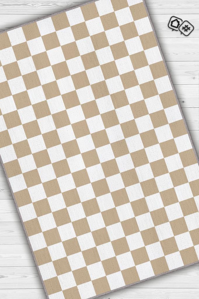 Bej Beyaz Damalı Halı Mutfak Halısı Kareli Oturma Odası Halısı Retro Tarzı Salon Halısı