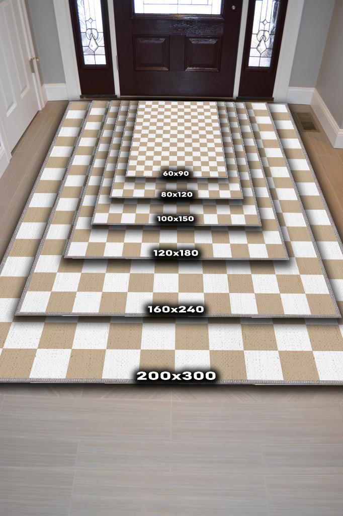 Bej Beyaz Damalı Halı Mutfak Halısı Kareli Oturma Odası Halısı Retro Tarzı Salon Halısı