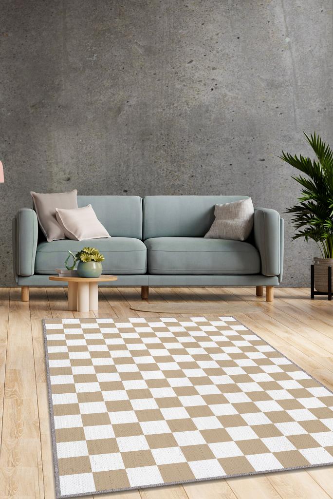 Bej Beyaz Damalı Halı Mutfak Halısı Kareli Oturma Odası Halısı Retro Tarzı Salon Halısı