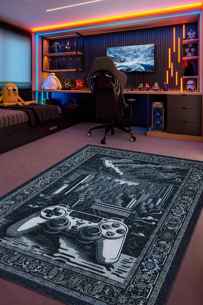 Benzersiz Gamer Halısı,Lacivert Oyuncu Odası Halısı,Modern Vintage Oyun Konsolu Halısı Yıkanabilir Oyuncu Halı
