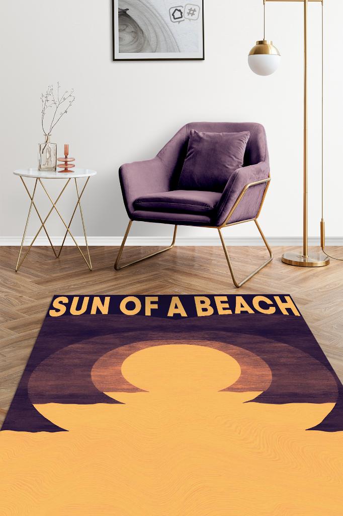 Bir Sahilin Güneşi Pamuklu Dokuma Tabanlı Yıkanabilir Kaymaz Ev Halısı