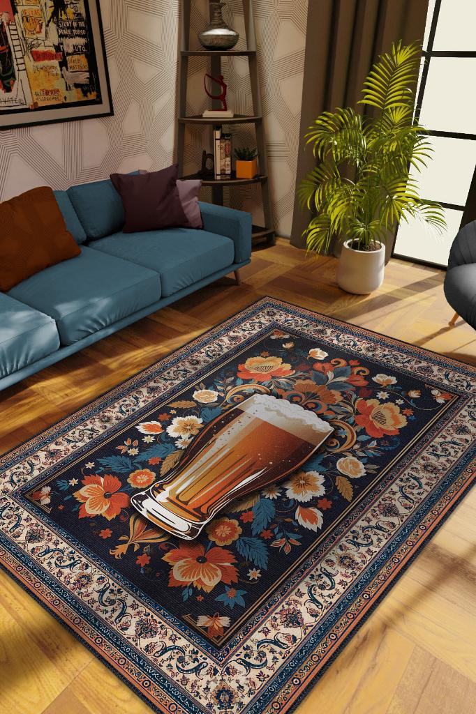 Bira Temalı Geleneksel Desenli Orijinal Tasarımlı Party Ve Mutfak Halı Renkli Baskı Halı