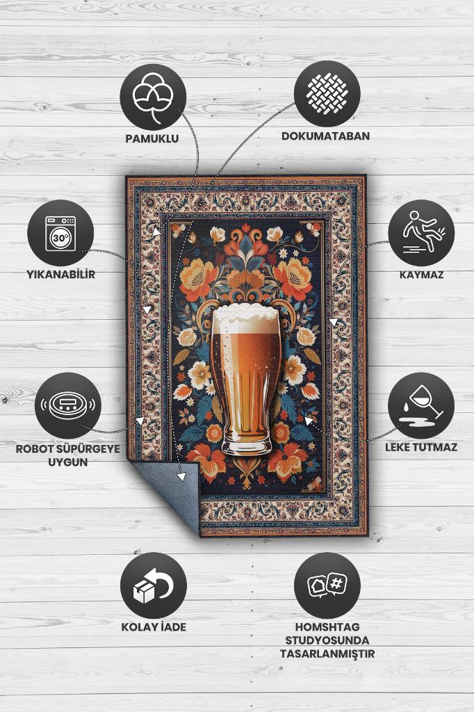 Bira Temalı Geleneksel Desenli Orijinal Tasarımlı Party Ve Mutfak Halı Renkli Baskı Halı