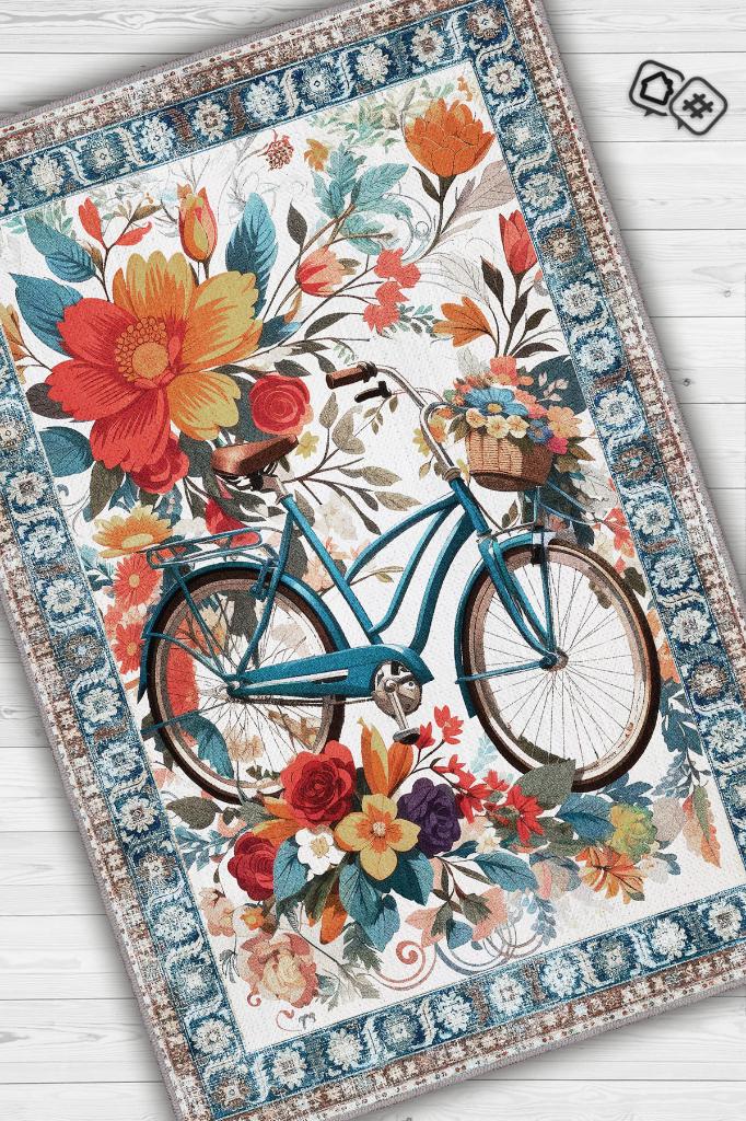 Bisiklet Desenli Halı Çok Renkli Halı Spor Severe Hediye Halı Spor Sever İçin Çiçekli Halı