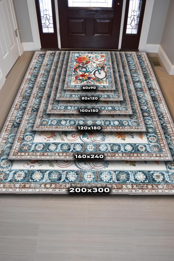 Bisiklet Desenli Halı Çok Renkli Halı Spor Severe Hediye Halı Spor Sever İçin Çiçekli Halı