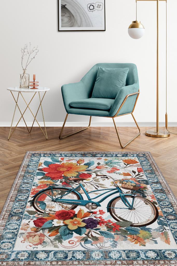 Bisiklet Desenli Halı Çok Renkli Halı Spor Severe Hediye Halı Spor Sever İçin Çiçekli Halı