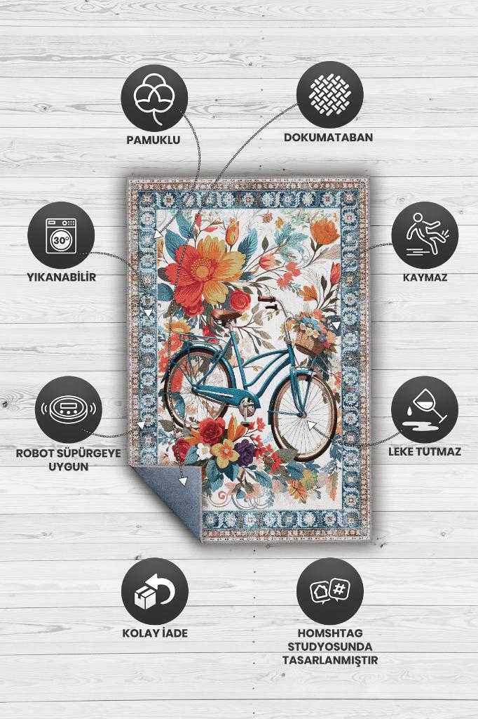Bisiklet Desenli Halı Çok Renkli Halı Spor Severe Hediye Halı Spor Sever İçin Çiçekli Halı