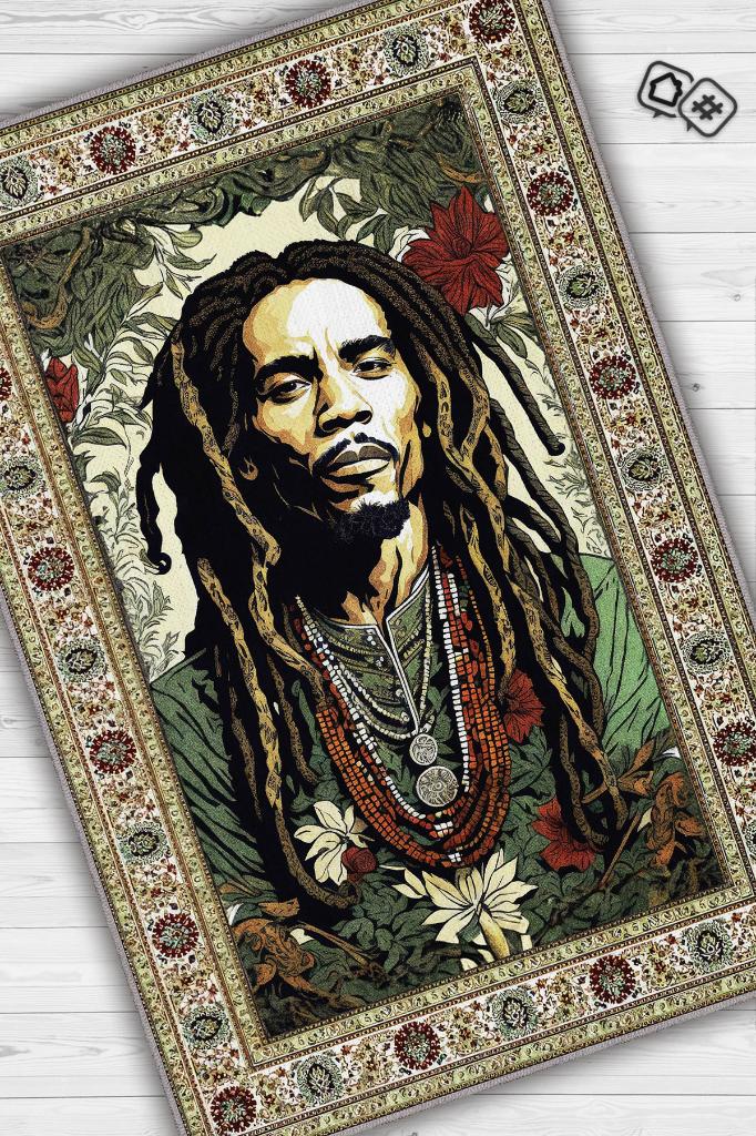 Bob Marley, Modern Çiçek Desenli Art Deco Vintage Halı,Çok Renkli Maksimalist Halı