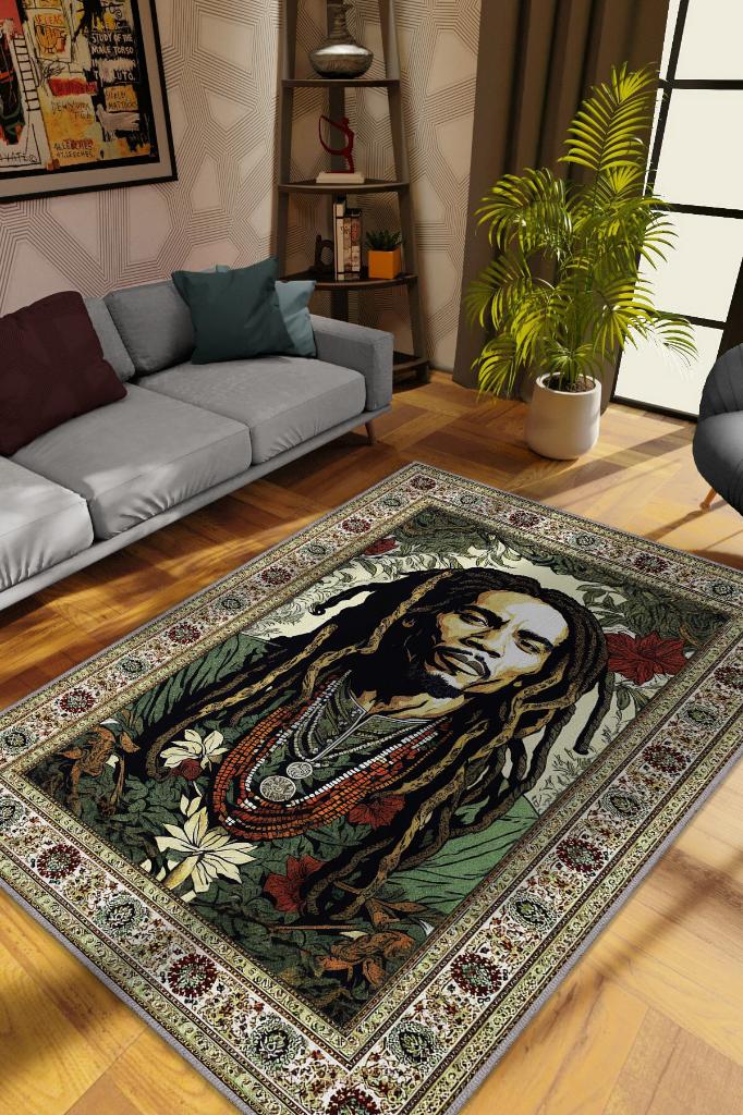Bob Marley, Modern Çiçek Desenli Art Deco Vintage Halı,Çok Renkli Maksimalist Halı