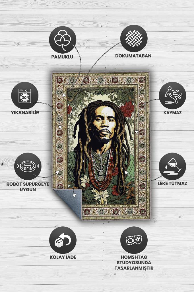 Bob Marley, Modern Çiçek Desenli Art Deco Vintage Halı,Çok Renkli Maksimalist Halı