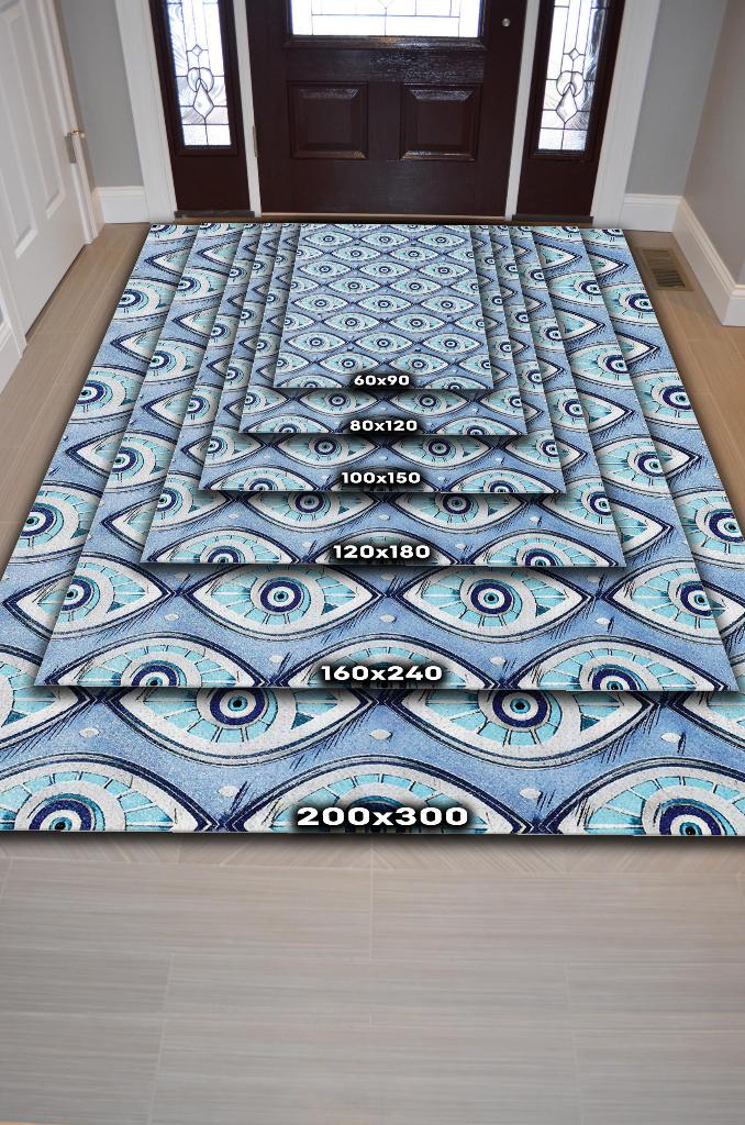 Boncuklu Nazar Temalı Salon Halısı Nazar Boncuklu Desenli Halı Renkli Oturma Odası Halısı