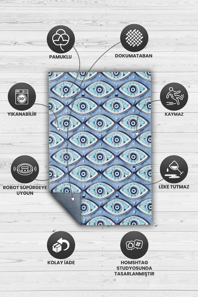 Boncuklu Nazar Temalı Salon Halısı Nazar Boncuklu Desenli Halı Renkli Oturma Odası Halısı