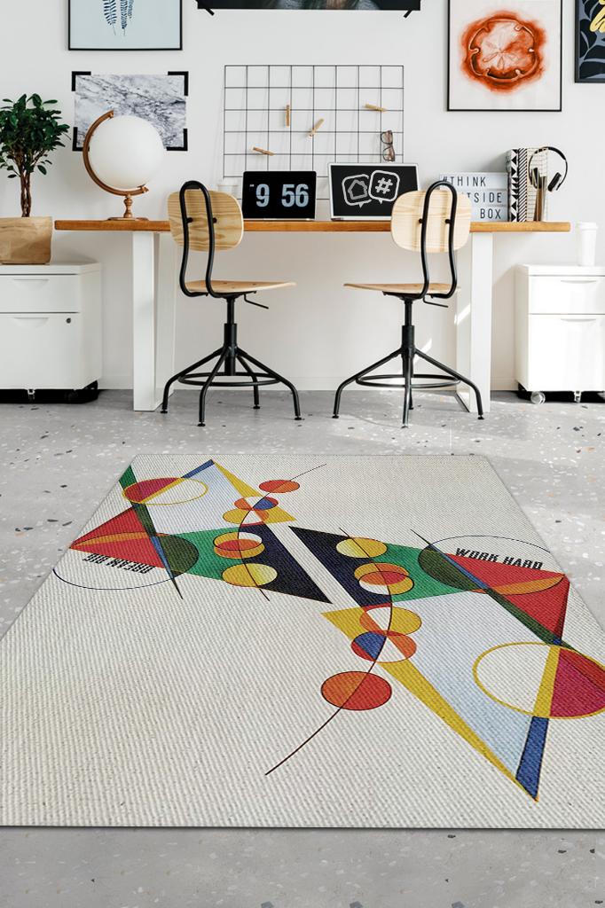 Büyük Düşün Çok Çalış,Renkli Geometrik Desenli Modern Oturma Odası Halısı, Minimalist Çalışma Odası Halısı, Pamuklu Dokuma Tabanlı Yıkanabilir Dekoratif Home Office Halısı, Modern Ofis Halısı