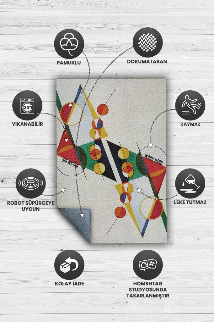 Büyük Düşün Çok Çalış,Renkli Geometrik Desenli Modern Oturma Odası Halısı, Minimalist Çalışma Odası Halısı, Pamuklu Dokuma Tabanlı Yıkanabilir Dekoratif Home Office Halısı, Modern Ofis Halısı