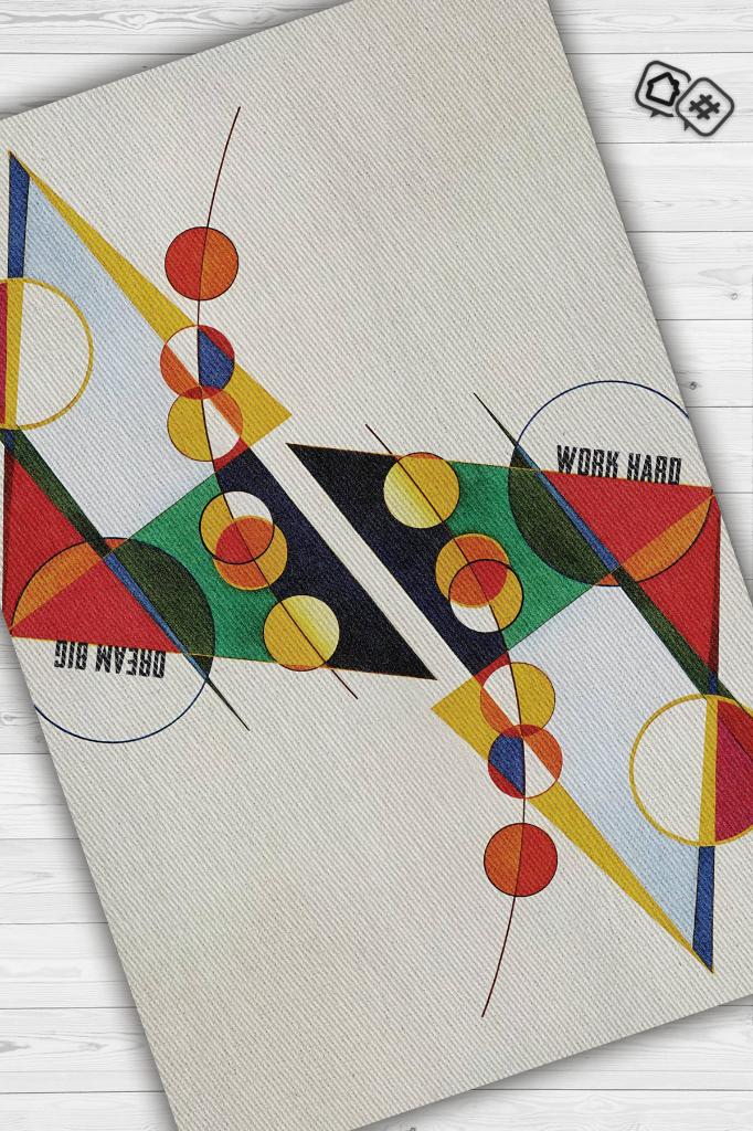 Büyük Düşün Çok Çalış,Renkli Geometrik Desenli Modern Oturma Odası Halısı, Minimalist Çalışma Odası Halısı, Pamuklu Dokuma Tabanlı Yıkanabilir Dekoratif Home Office Halısı, Modern Ofis Halısı