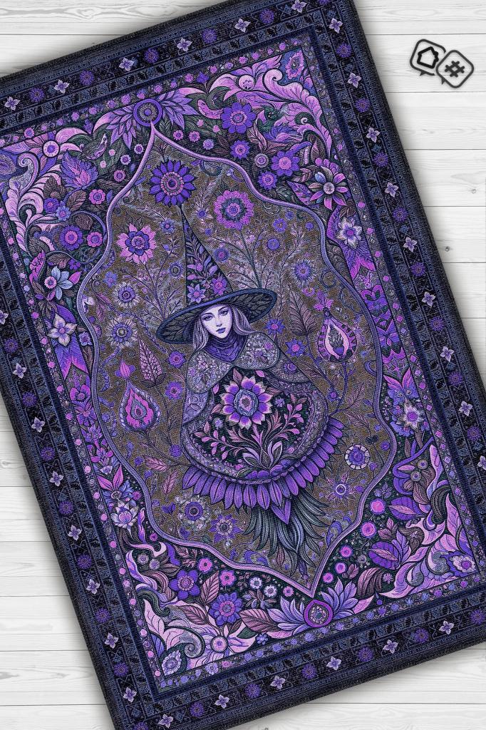 Cadı Figürlü Korku Temalı Salon Halısı Gotik Mor Renkli Oturma Odası Halı Konsept Halı