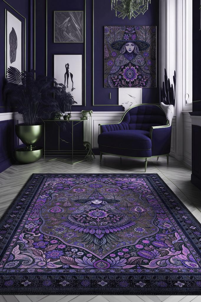 Cadı Figürlü Korku Temalı Salon Halısı Gotik Mor Renkli Oturma Odası Halı Konsept Halı