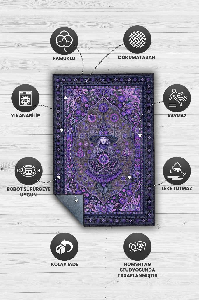 Cadı Figürlü Korku Temalı Salon Halısı Gotik Mor Renkli Oturma Odası Halı Konsept Halı