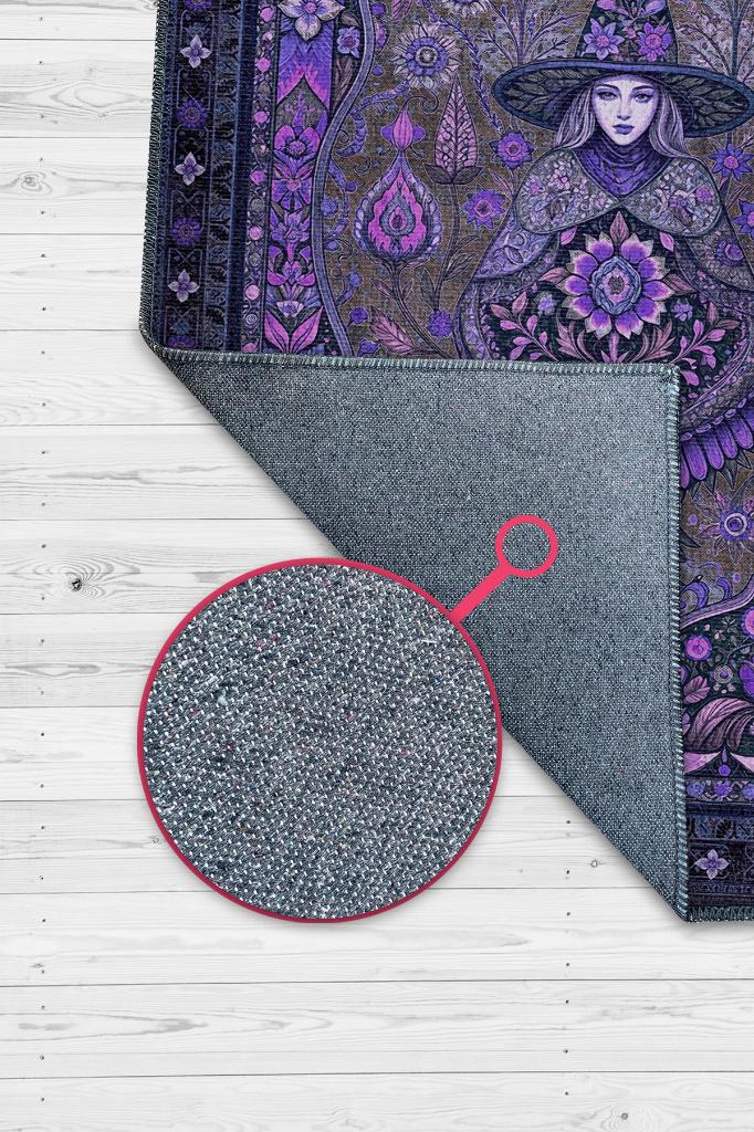 Cadı Figürlü Korku Temalı Salon Halısı Gotik Mor Renkli Oturma Odası Halı Konsept Halı