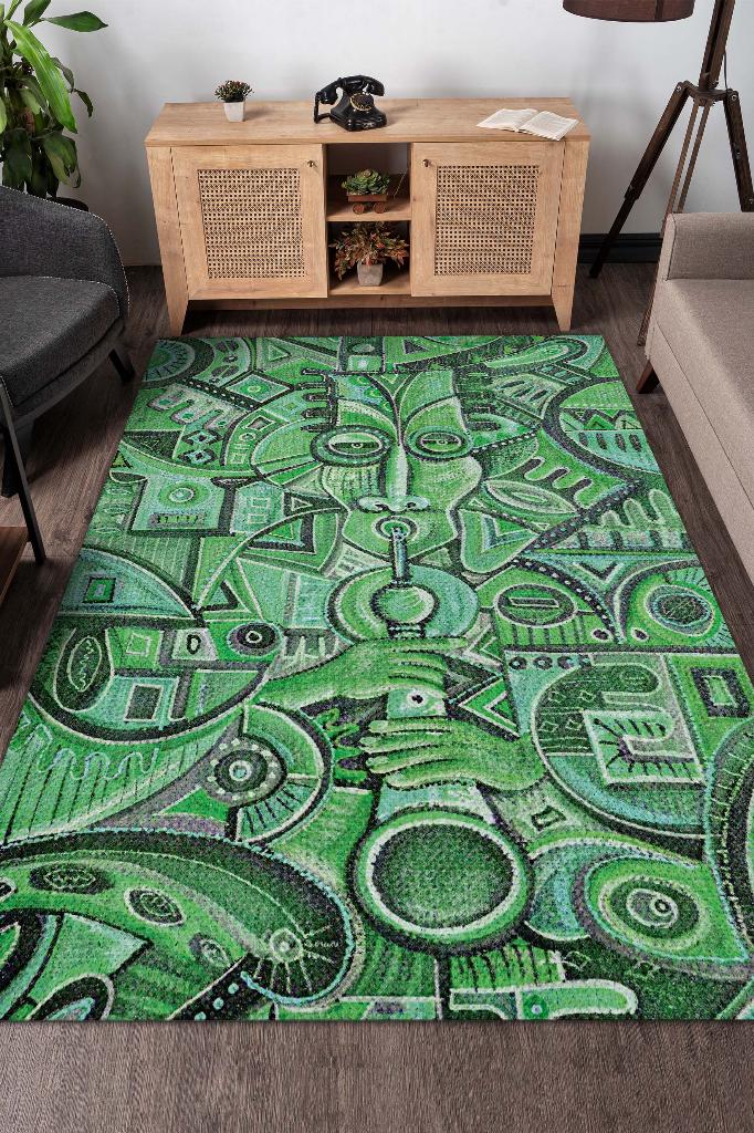 Çalgıcı Minimal Salon Halısı Etnik Desenli Halı Yeşil Renkli Geometrik Oturma Odası Halısı