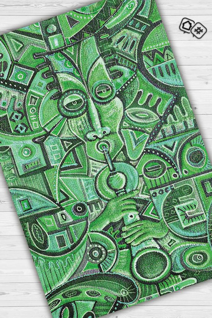 Çalgıcı Minimal Salon Halısı Etnik Desenli Halı Yeşil Renkli Geometrik Oturma Odası Halısı