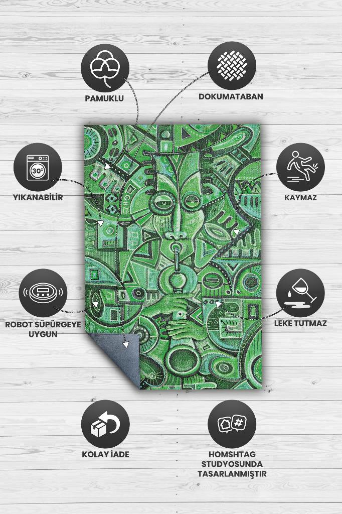 Çalgıcı Minimal Salon Halısı Etnik Desenli Halı Yeşil Renkli Geometrik Oturma Odası Halısı