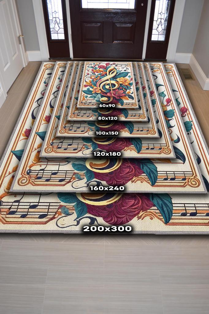 Çiçek Desenli Müzik Halısı,Sol Anahtarı ve Notalı Halı,Çok Renkli Krem Müzik Sever Halısı,Müzik Sınıfı Halısı