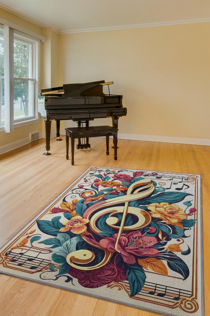 Çiçek Desenli Müzik Halısı,Sol Anahtarı ve Notalı Halı,Çok Renkli Krem Müzik Sever Halısı,Müzik Sınıfı Halısı