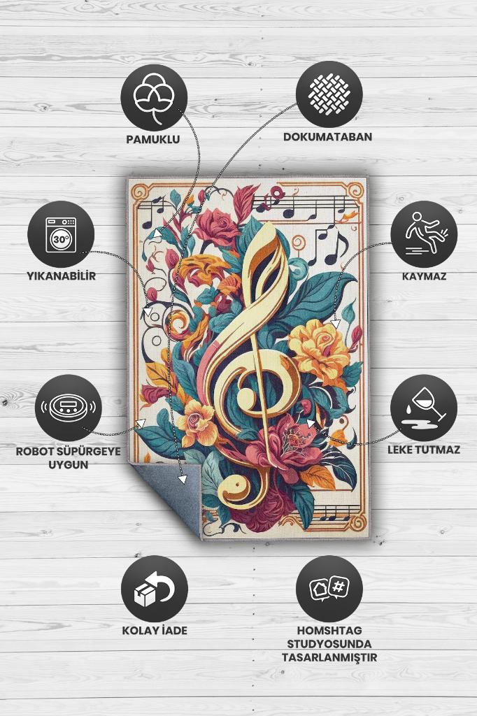Çiçek Desenli Müzik Halısı,Sol Anahtarı ve Notalı Halı,Çok Renkli Krem Müzik Sever Halısı,Müzik Sınıfı Halısı