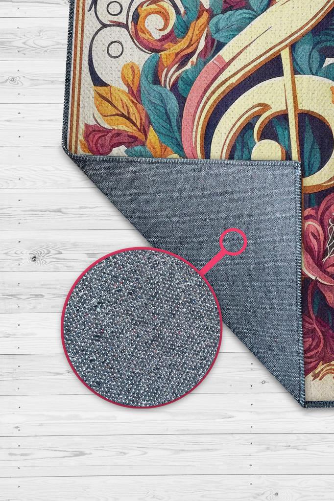 Çiçek Desenli Müzik Halısı,Sol Anahtarı ve Notalı Halı,Çok Renkli Krem Müzik Sever Halısı,Müzik Sınıfı Halısı