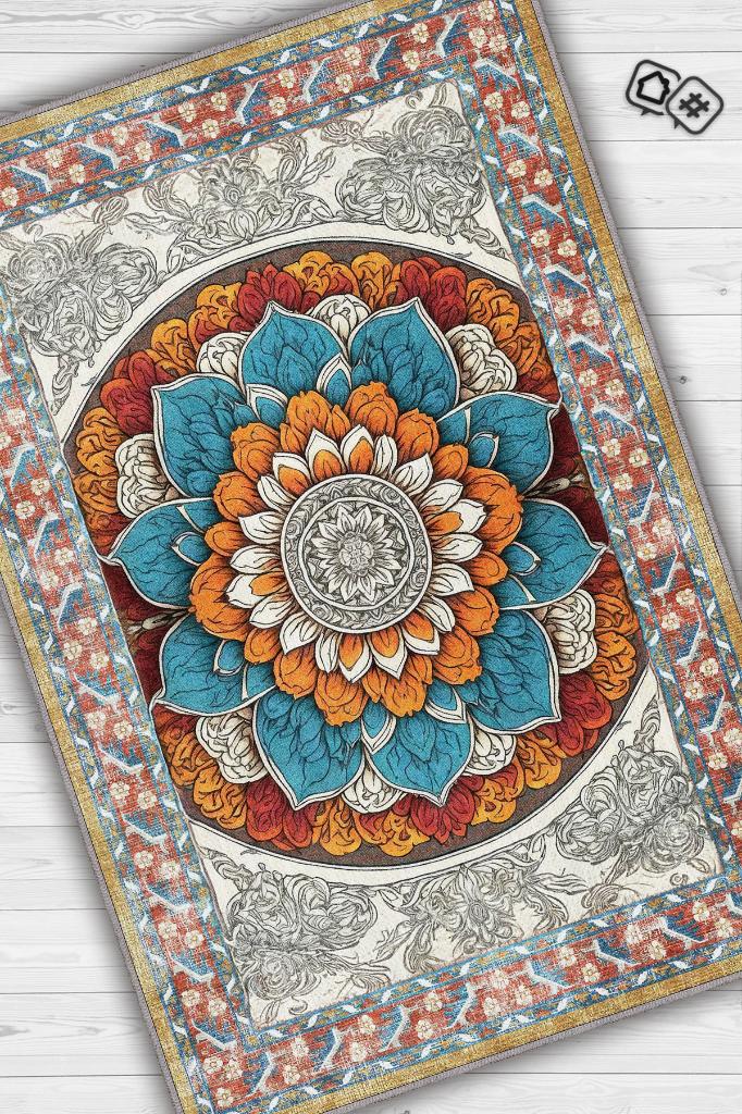 Çiçekli Mandala Halısı,Meditasyon Temalı Renkli Halı,Madala Desenli Vintage Halı,Yoga Halısı,Sipiritüel Halı
