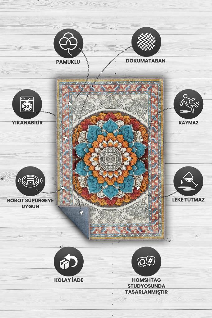 Çiçekli Mandala Halısı,Meditasyon Temalı Renkli Halı,Madala Desenli Vintage Halı,Yoga Halısı,Sipiritüel Halı