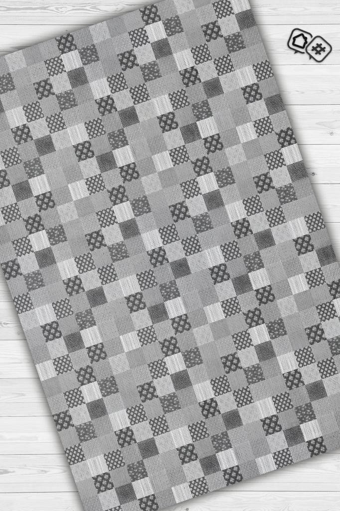 Çiçekli Patchwork Halı Geometrik Halı Gri Kareli Oturma Odası Halısı Çiçekli Salon Halı