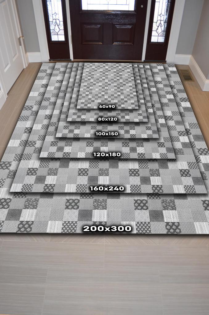 Çiçekli Patchwork Halı Geometrik Halı Gri Kareli Oturma Odası Halısı Çiçekli Salon Halı