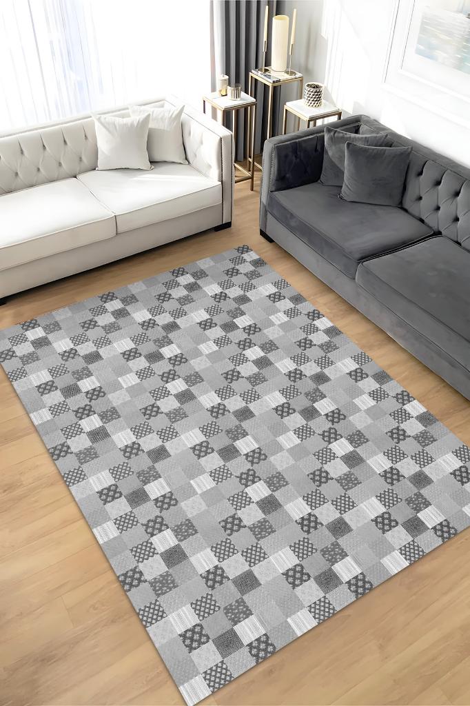 Çiçekli Patchwork Halı Geometrik Halı Gri Kareli Oturma Odası Halısı Çiçekli Salon Halı