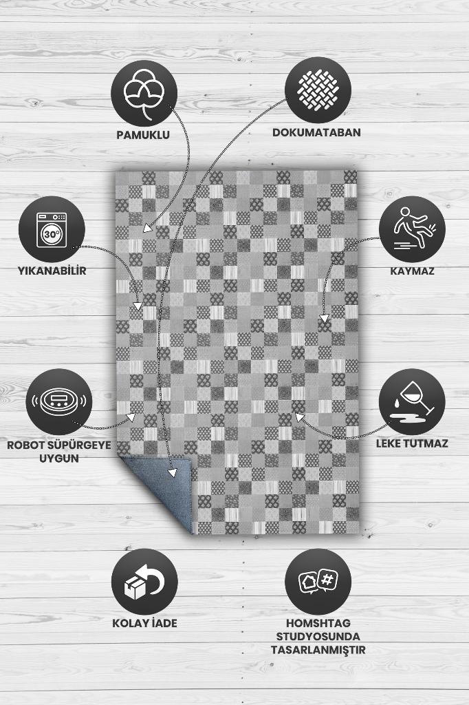 Çiçekli Patchwork Halı Geometrik Halı Gri Kareli Oturma Odası Halısı Çiçekli Salon Halı