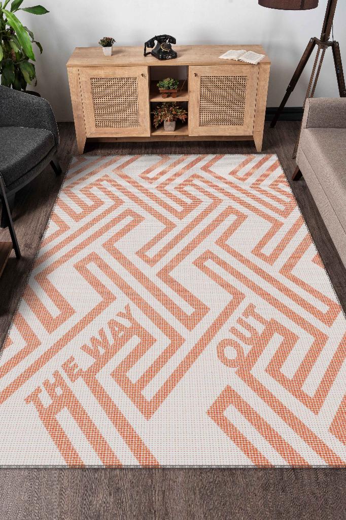 Çıkış Yolu Turuncu Renkli Halı Geometrik Oturma Odası Halısı Modern Salon Halı