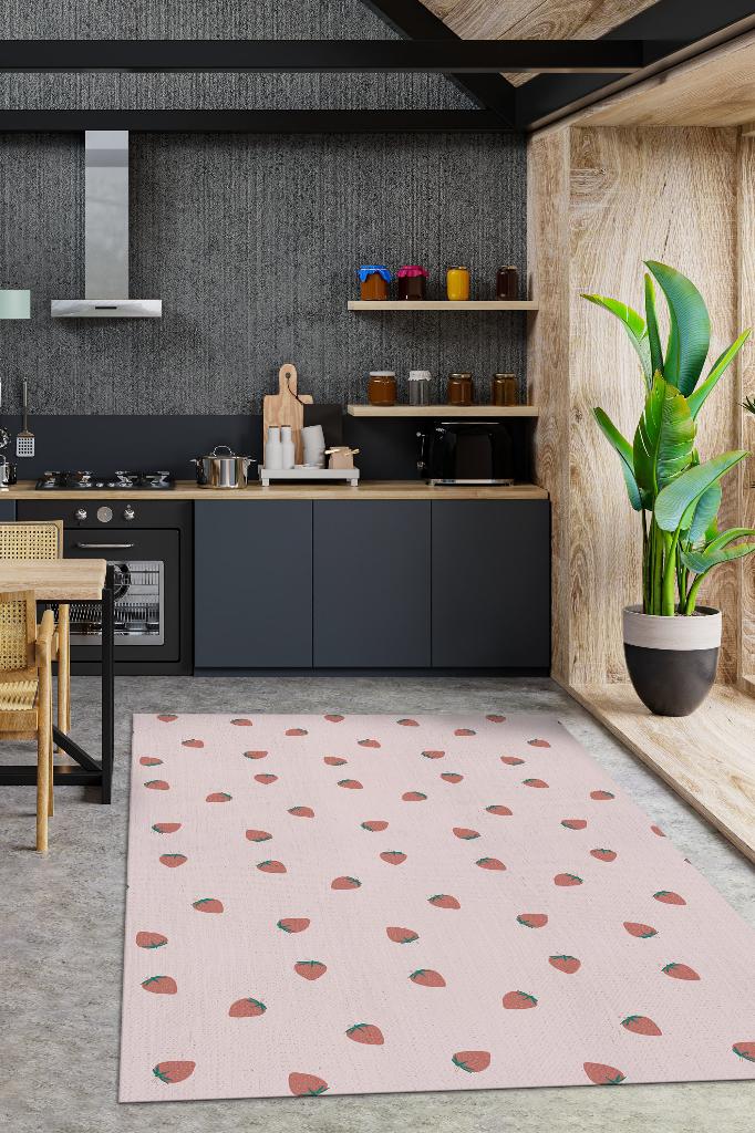 Çilek Desenli Kırmızı Halı Minimal Salon Halısı Renkli Mutfak Halısı Tarz Oturma Odası Halı