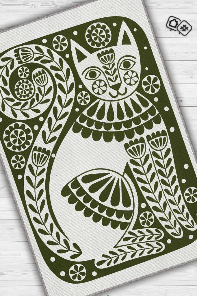 Çinili Kedi,Yeşil Renkli Kedi Desenli Modern,Pamuklu Dokuma Tabanlı Yıkanabilir Dekoratif Bej Kedi Sever Halısı